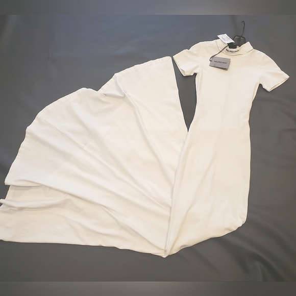 NWT$1,850 BALENCIAGA White Cotton T-Shirt Neckline Maxi Gown Dress Sz XS - Picture 7 of 16